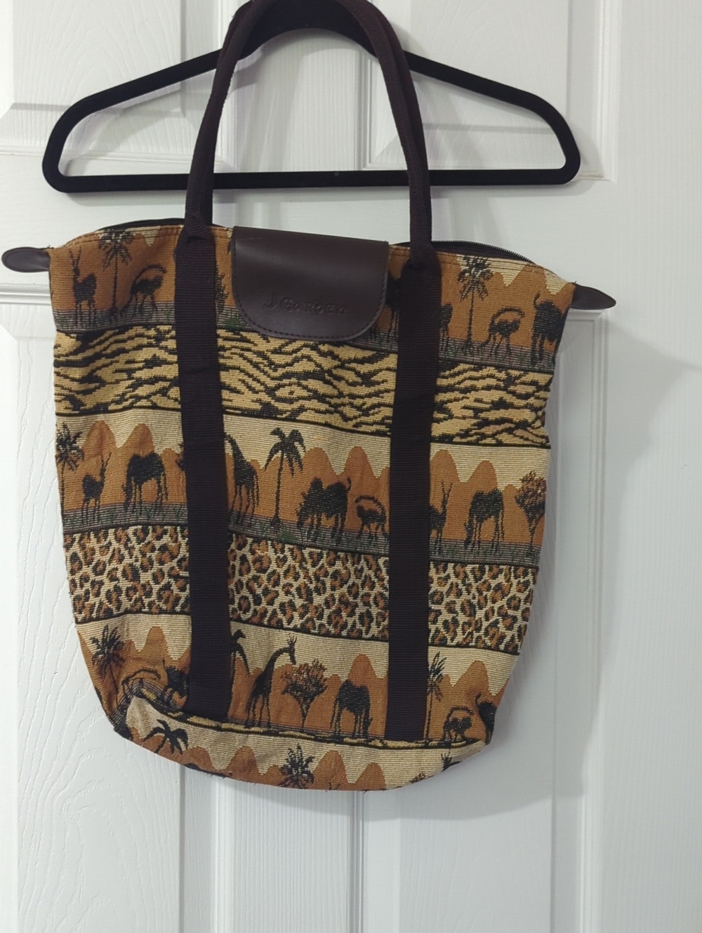 Tapestry Camel & Leopard Print Tote with Dark Brown Straps